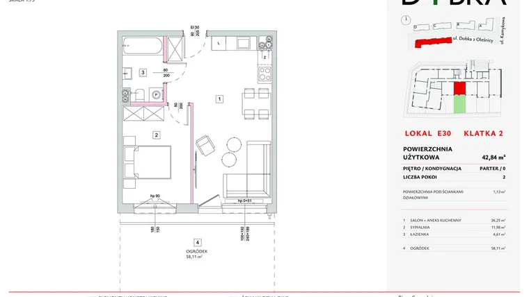 Rzut - Mieszkanie na sprzedaż 2 pokoje o powierzchni 42,84 m² - numer E2_30 w DOBKA etap 2