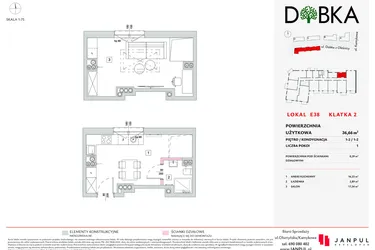 Rzut - Mieszkanie na sprzedaż 1 pokój o powierzchni 36,66 m² - numer E2_38 w DOBKA etap 2