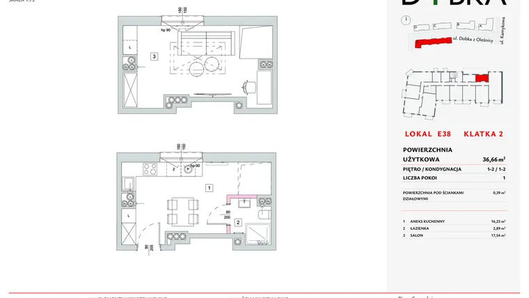 Rzut - Mieszkanie na sprzedaż 1 pokój o powierzchni 36,66 m² - numer E2_38 w DOBKA etap 2