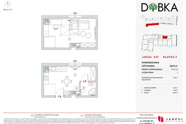 Rzut - Mieszkanie na sprzedaż 1 pokój o powierzchni 38,97 m² - numer E2_37 w DOBKA etap 2