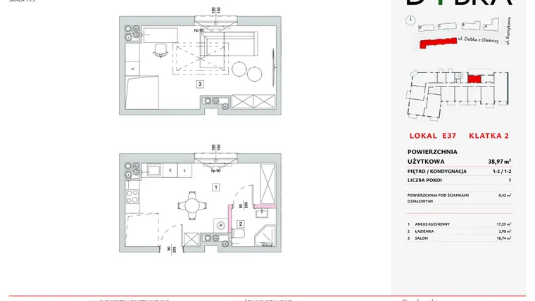 Rzut - Mieszkanie na sprzedaż 1 pokój o powierzchni 38,97 m² - numer E2_37 w DOBKA etap 2