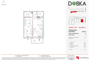 Rzut - Mieszkanie na sprzedaż 2 pokoje o powierzchni 50,55 m² - numer E2_40 w DOBKA etap 2
