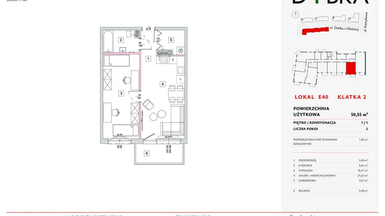 Rzut - Mieszkanie na sprzedaż 2 pokoje o powierzchni 50,55 m² - numer E2_40 w DOBKA etap 2