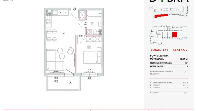 Rzut - Mieszkanie na sprzedaż 2 pokoje o powierzchni 42,84 m² - numer E2_41 w DOBKA etap 2
