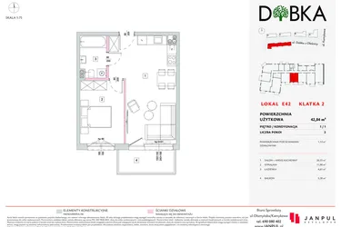 Rzut - Mieszkanie na sprzedaż 2 pokoje o powierzchni 42,84 m² - numer E2_42 w DOBKA etap 2