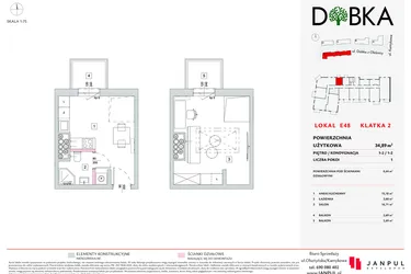 Rzut - Mieszkanie na sprzedaż 1 pokój o powierzchni 34,89 m² - numer E2_48 w DOBKA etap 2