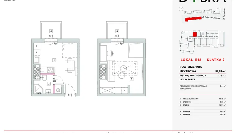 Rzut - Mieszkanie na sprzedaż 1 pokój o powierzchni 34,89 m² - numer E2_48 w DOBKA etap 2