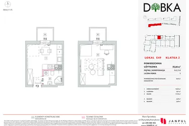 Rzut - Mieszkanie na sprzedaż 1 pokój o powierzchni 35,66 m² - numer E2_49 w DOBKA etap 2