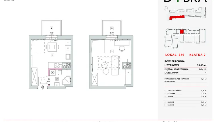 Rzut - Mieszkanie na sprzedaż 1 pokój o powierzchni 35,66 m² - numer E2_49 w DOBKA etap 2