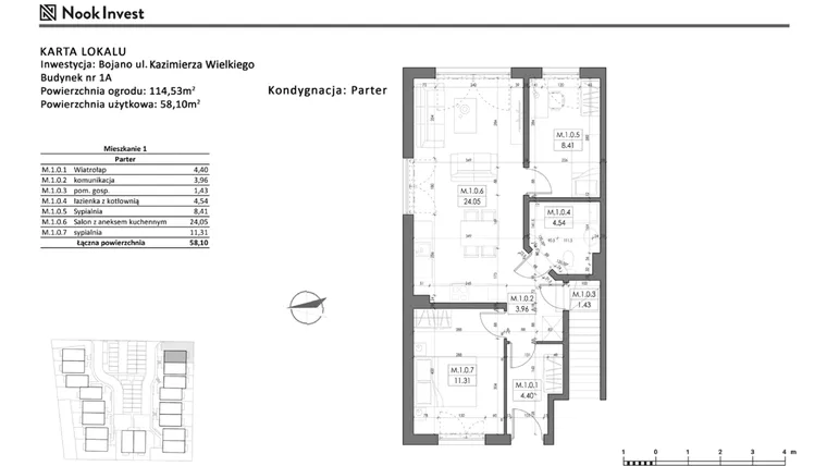 Rzut - Mieszkanie na sprzedaż 3 pokoje o powierzchni 58,1 m² - numer 1A w Bojano, ul. Kazimierza Wielkiego