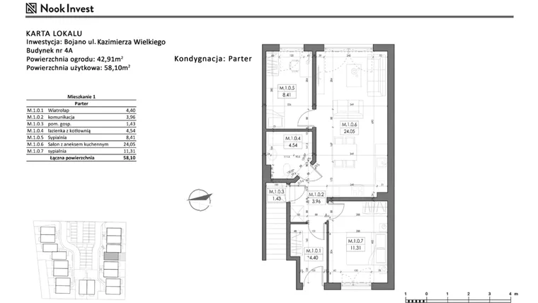 Rzut - Mieszkanie na sprzedaż 3 pokoje o powierzchni 58,1 m² - numer 4A w Bojano, ul. Kazimierza Wielkiego