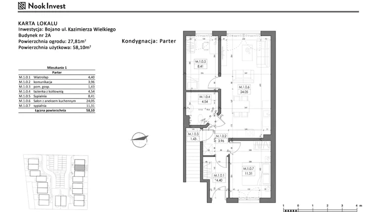 Rzut - Mieszkanie na sprzedaż 3 pokoje o powierzchni 58,1 m² - numer 2A w Bojano, ul. Kazimierza Wielkiego