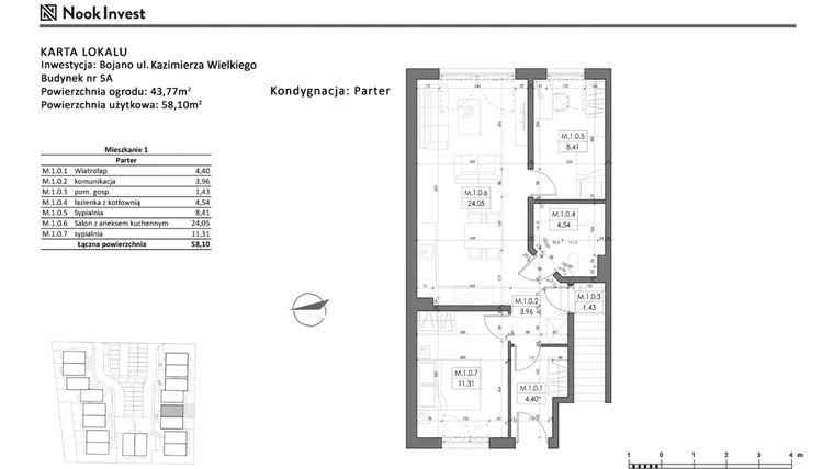 Rzut - Mieszkanie na sprzedaż 3 pokoje o powierzchni 58,1 m² - numer 5A w Bojano, ul. Kazimierza Wielkiego