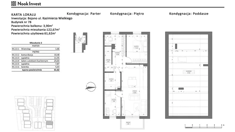Rzut - Mieszkanie na sprzedaż 3 pokoje o powierzchni 61,62 m² - numer 7B w Bojano, ul. Kazimierza Wielkiego