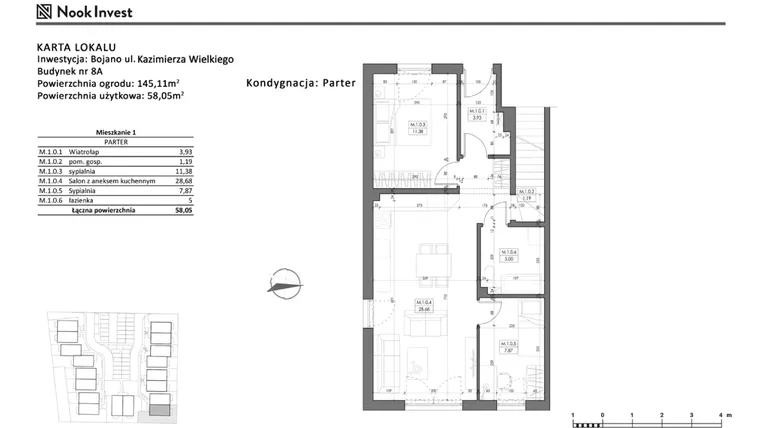 Rzut - Mieszkanie na sprzedaż 3 pokoje o powierzchni 58,05 m² - numer 8A w Bojano, ul. Kazimierza Wielkiego