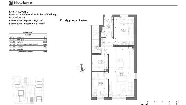 Rzut - Mieszkanie na sprzedaż 3 pokoje o powierzchni 58,05 m² - numer 9A w Bojano, ul. Kazimierza Wielkiego