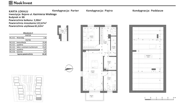 Rzut - Mieszkanie na sprzedaż 3 pokoje o powierzchni 61,62 m² - numer 8B w Bojano, ul. Kazimierza Wielkiego