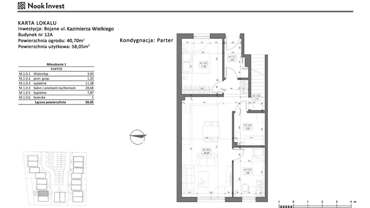 Rzut - Mieszkanie na sprzedaż 3 pokoje o powierzchni 58,05 m² - numer 12A w Bojano, ul. Kazimierza Wielkiego