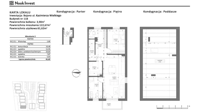 Rzut - Mieszkanie na sprzedaż 3 pokoje o powierzchni 61,62 m² - numer 11B w Bojano, ul. Kazimierza Wielkiego