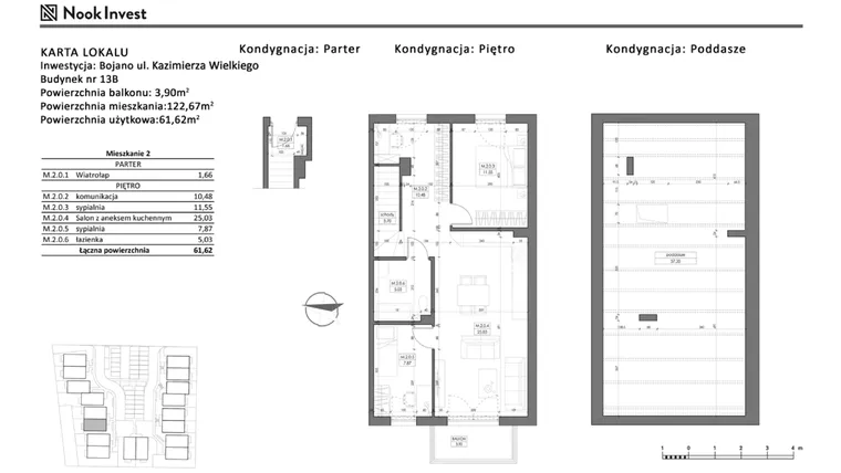 Rzut - Mieszkanie na sprzedaż 3 pokoje o powierzchni 61,62 m² - numer 13B w Bojano, ul. Kazimierza Wielkiego