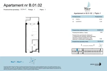 Rzut - Mieszkanie na sprzedaż 1 pokój o powierzchni 32,39 m² - numer B.01.02 w Wave Świnoujście Thermal & Spa