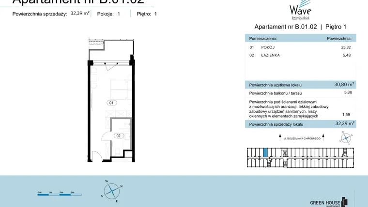 Rzut - Mieszkanie na sprzedaż 1 pokój o powierzchni 32,39 m² - numer B.01.02 w Wave Świnoujście Thermal & Spa