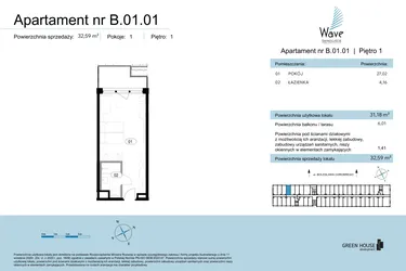 Rzut - Mieszkanie na sprzedaż 1 pokój o powierzchni 32,59 m² - numer B.01.01 w Wave Świnoujście Thermal & Spa