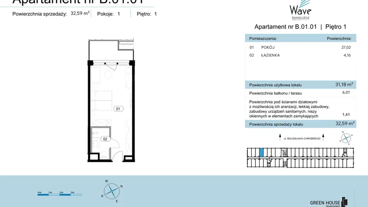 Rzut - Mieszkanie na sprzedaż 1 pokój o powierzchni 32,59 m² - numer B.01.01 w Wave Świnoujście Thermal & Spa