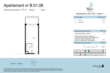 Rzut - Mieszkanie na sprzedaż 1 pokój o powierzchni 32,89 m² - numer B.01.08 w Wave Świnoujście Thermal & Spa