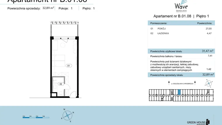 Rzut - Mieszkanie na sprzedaż 1 pokój o powierzchni 32,89 m² - numer B.01.08 w Wave Świnoujście Thermal & Spa