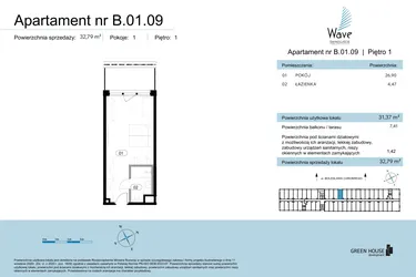 Rzut - Mieszkanie na sprzedaż 1 pokój o powierzchni 32,79 m² - numer B.01.09 w Wave Świnoujście Thermal & Spa