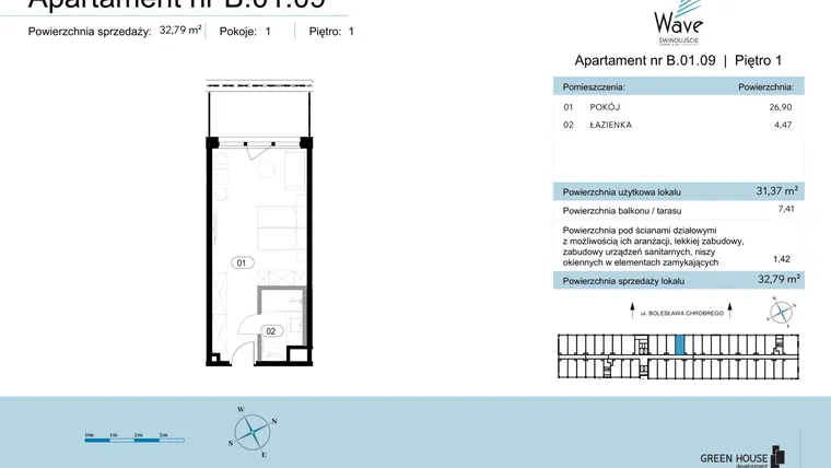 Rzut - Mieszkanie na sprzedaż 1 pokój o powierzchni 32,79 m² - numer B.01.09 w Wave Świnoujście Thermal & Spa