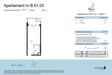 Rzut - Mieszkanie na sprzedaż 1 pokój o powierzchni 32,89 m² - numer B.01.03 w Wave Świnoujście Thermal & Spa