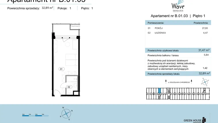 Rzut - Mieszkanie na sprzedaż 1 pokój o powierzchni 32,89 m² - numer B.01.03 w Wave Świnoujście Thermal & Spa