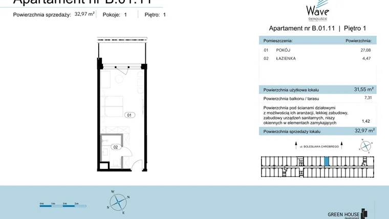 Rzut - Mieszkanie na sprzedaż 1 pokój o powierzchni 32,97 m² - numer B.01.11 w Wave Świnoujście Thermal & Spa