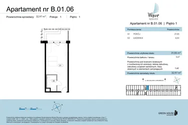 Rzut - Mieszkanie na sprzedaż 1 pokój o powierzchni 32,97 m² - numer B.01.06 w Wave Świnoujście Thermal & Spa