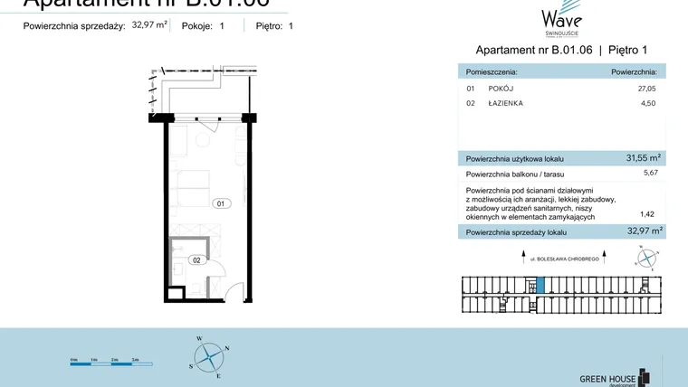 Rzut - Mieszkanie na sprzedaż 1 pokój o powierzchni 32,97 m² - numer B.01.06 w Wave Świnoujście Thermal & Spa