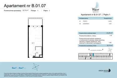 Rzut - Mieszkanie na sprzedaż 1 pokój o powierzchni 32,74 m² - numer B.01.07 w Wave Świnoujście Thermal & Spa