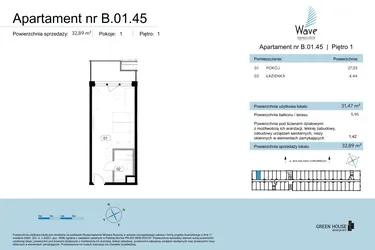 Rzut - Mieszkanie na sprzedaż 1 pokój o powierzchni 32,89 m² - numer B.01.45 w Wave Świnoujście Thermal & Spa