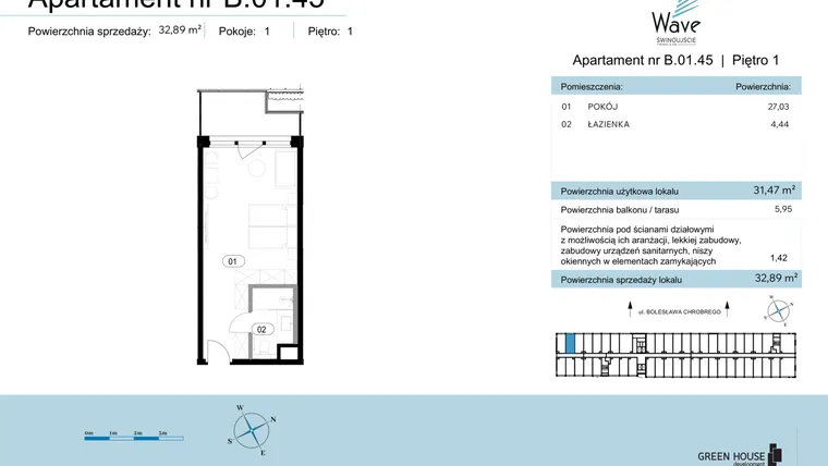 Rzut - Mieszkanie na sprzedaż 1 pokój o powierzchni 32,89 m² - numer B.01.45 w Wave Świnoujście Thermal & Spa