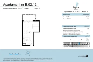 Rzut - Mieszkanie na sprzedaż 1 pokój o powierzchni 40,37 m² - numer B.02.12 w Wave Świnoujście Thermal & Spa