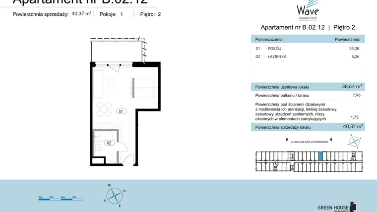 Rzut - Mieszkanie na sprzedaż 1 pokój o powierzchni 40,37 m² - numer B.02.12 w Wave Świnoujście Thermal & Spa