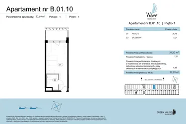 Rzut - Mieszkanie na sprzedaż 1 pokój o powierzchni 32,69 m² - numer B.01.10 w Wave Świnoujście Thermal & Spa