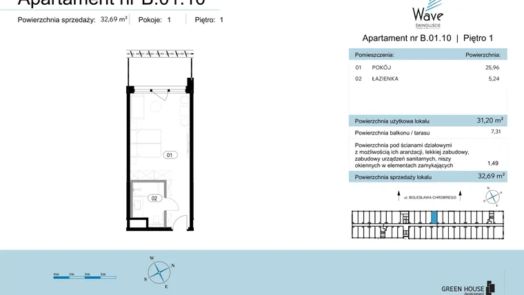 Rzut - Mieszkanie na sprzedaż 1 pokój o powierzchni 32,69 m² - numer B.01.10 w Wave Świnoujście Thermal & Spa
