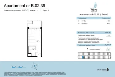 Rzut - Mieszkanie na sprzedaż 1 pokój o powierzchni 30,47 m² - numer B.02.39 w Wave Świnoujście Thermal & Spa