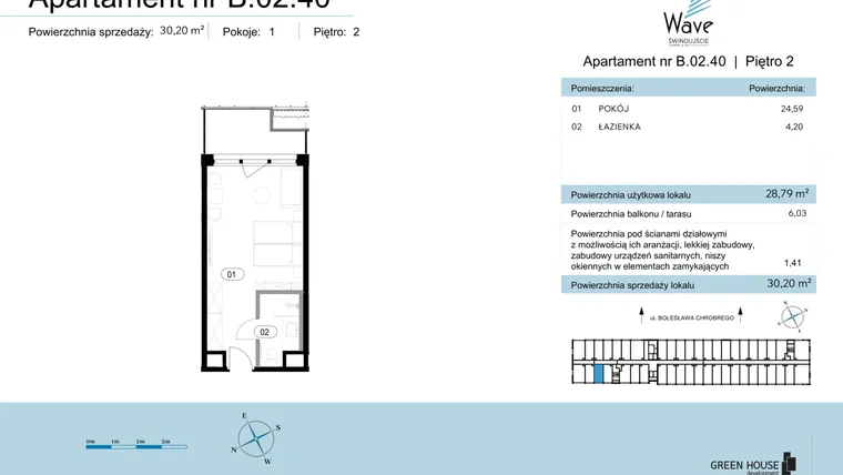Rzut - Mieszkanie na sprzedaż 1 pokój o powierzchni 30,2 m² - numer B.02.40 w Wave Świnoujście Thermal & Spa