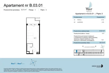 Rzut - Mieszkanie na sprzedaż 1 pokój o powierzchni 32,72 m² - numer B.03.01 w Wave Świnoujście Thermal & Spa