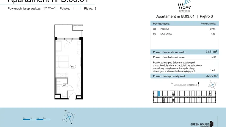 Rzut - Mieszkanie na sprzedaż 1 pokój o powierzchni 32,72 m² - numer B.03.01 w Wave Świnoujście Thermal & Spa