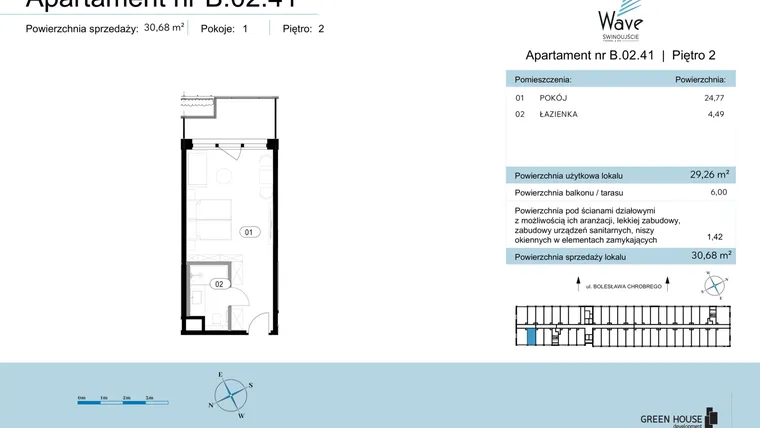 Rzut - Mieszkanie na sprzedaż 1 pokój o powierzchni 30,68 m² - numer B.02.41 w Wave Świnoujście Thermal & Spa