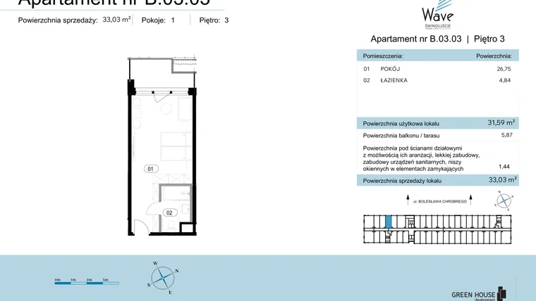 Rzut - Mieszkanie na sprzedaż 1 pokój o powierzchni 33,03 m² - numer B.03.03 w Wave Świnoujście Thermal & Spa